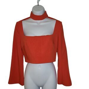 Cinq a Sept Amara choker mock neck orange crop Top size 2 party blouse